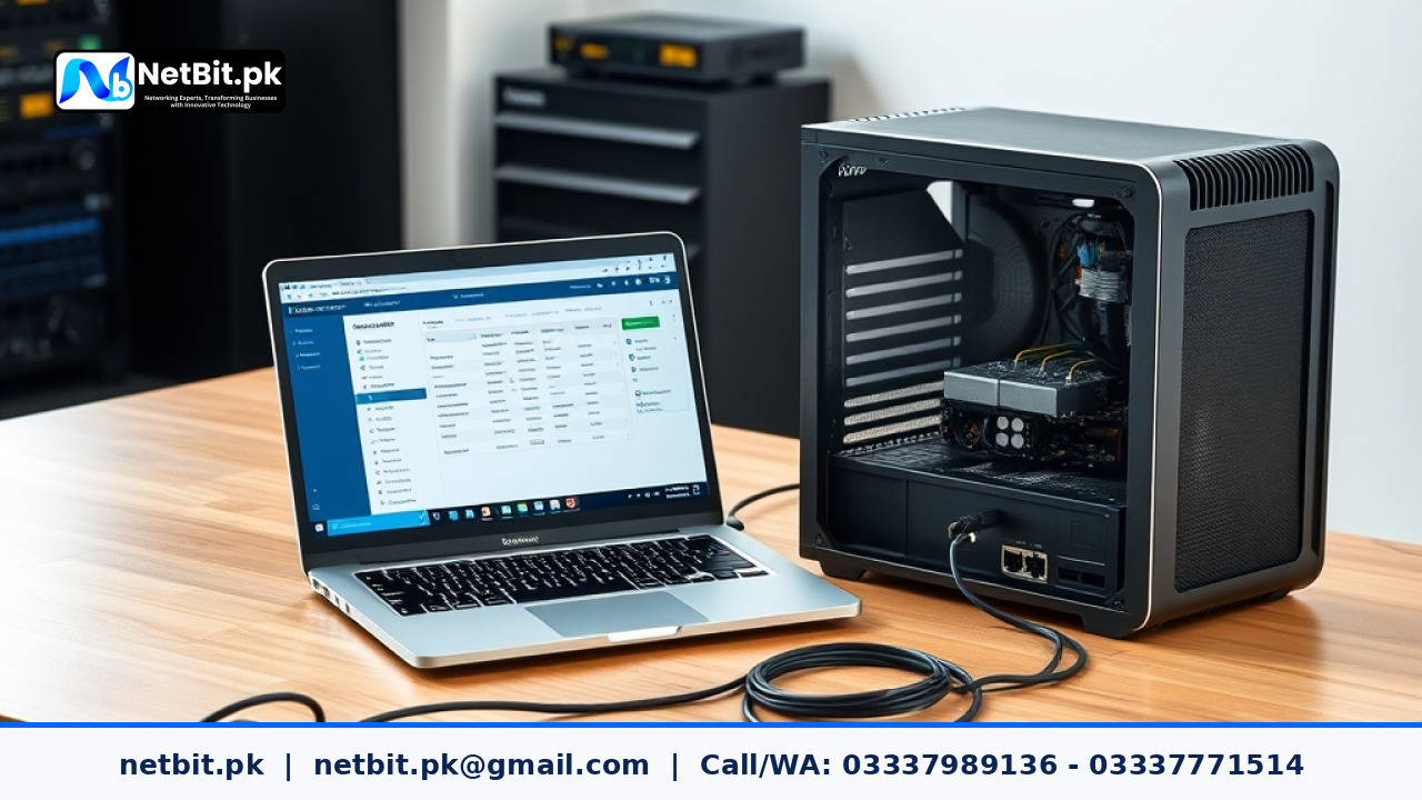 IT technician using a laptop to catalog desktop computers, network switches, and peripheral cables on an office workbench.