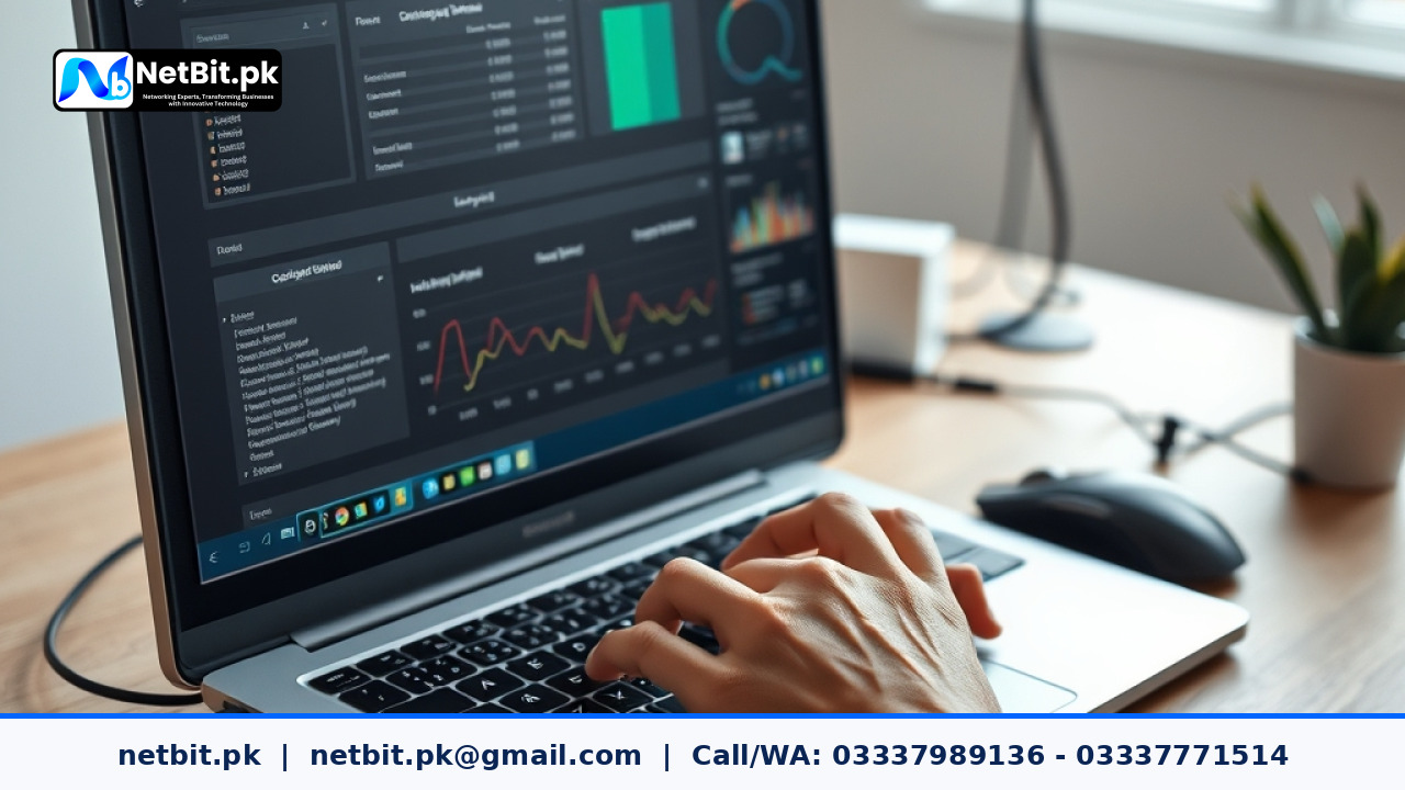 A software engineer typing on a laptop monitor displaying deployment metrics beside network hardware on an office desk | NetBit Software House and Technology | netbit.pk