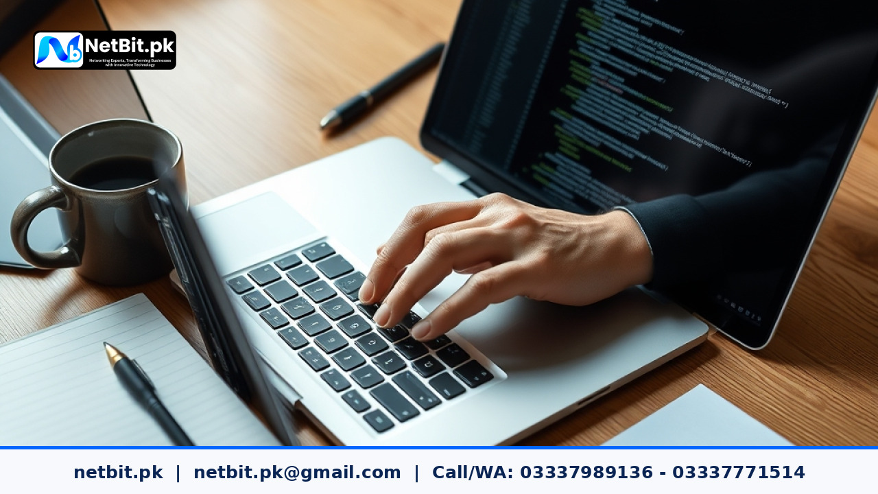 Software developer typing on an aluminum laptop inspecting performance network tabs in a modern office setup