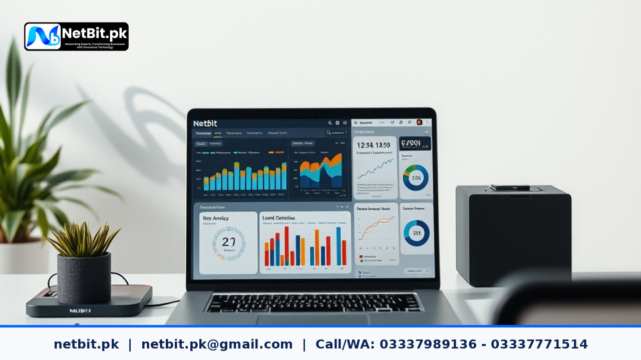 A professional digital workspace showing website analytics and SEO performance charts on a computer screen.