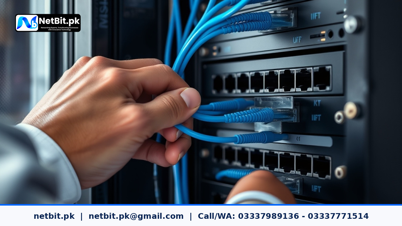 IT technician connecting fiber patch cords into a managed switch in a clean server rack