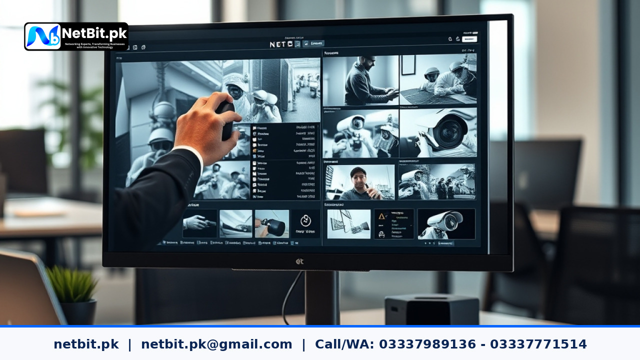 Close-up of a technician adjusting security camera settings on an office workstation monitor