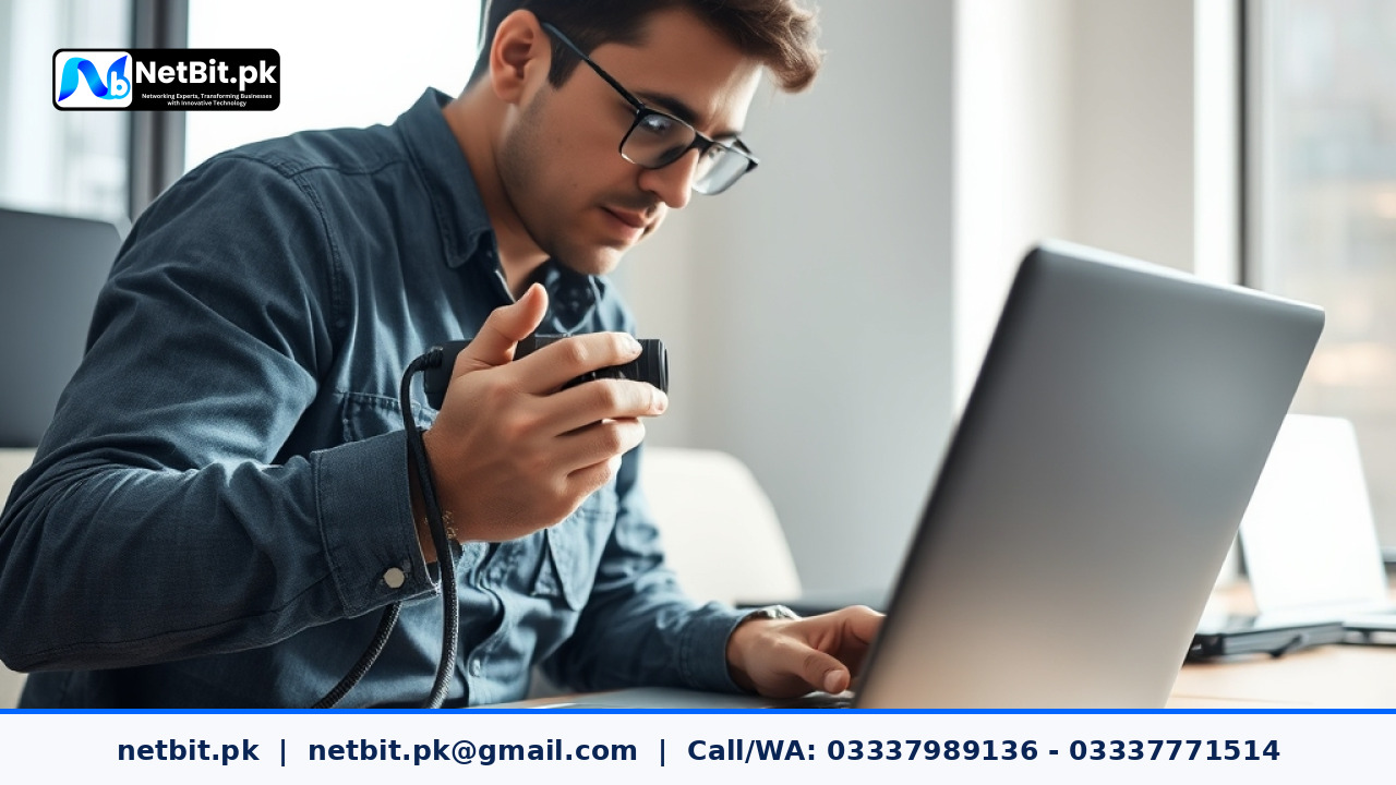 Close-up of a technician adjusting security camera settings on a laptop | NetBit Software House and Technology | netbit.pk