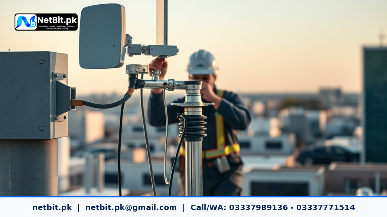 IT technician adjusting outdoor directional wireless antenna on rooftop mast