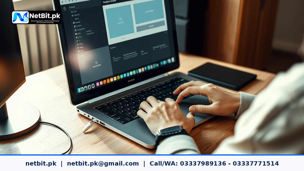 Close-up of graphic designer adjusting bleed margins on a computer monitor with clean workspace | NetBit Software House and Technology | netbit.pk