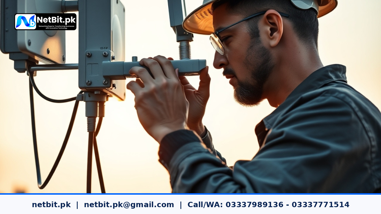 Technician fine-tuning a directional antenna bracket on an office rooftop | NetBit Software House and Technology | netbit.pk