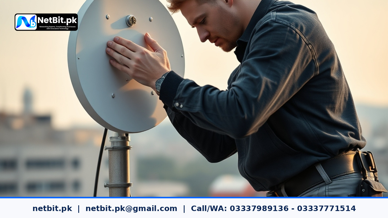 Pakistani IT technician adjusting a white directional wireless dish antenna mounted on an office roof pole