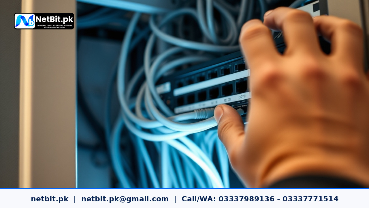 Technician testing network speeds and configuring office routers | NetBit Software House and Technology | netbit.pk