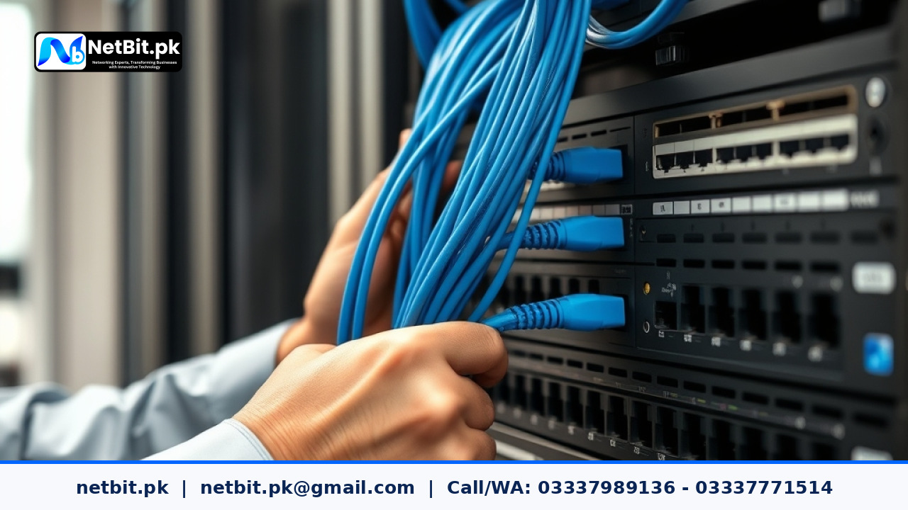 Network technician configuring business router and networking switches | NetBit Software House and Technology | netbit.pk