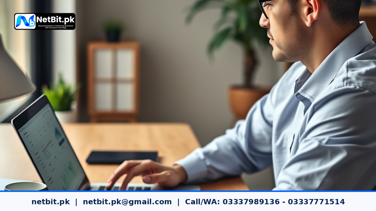 A professional working on a local search optimization audit on a modern laptop in an office environment