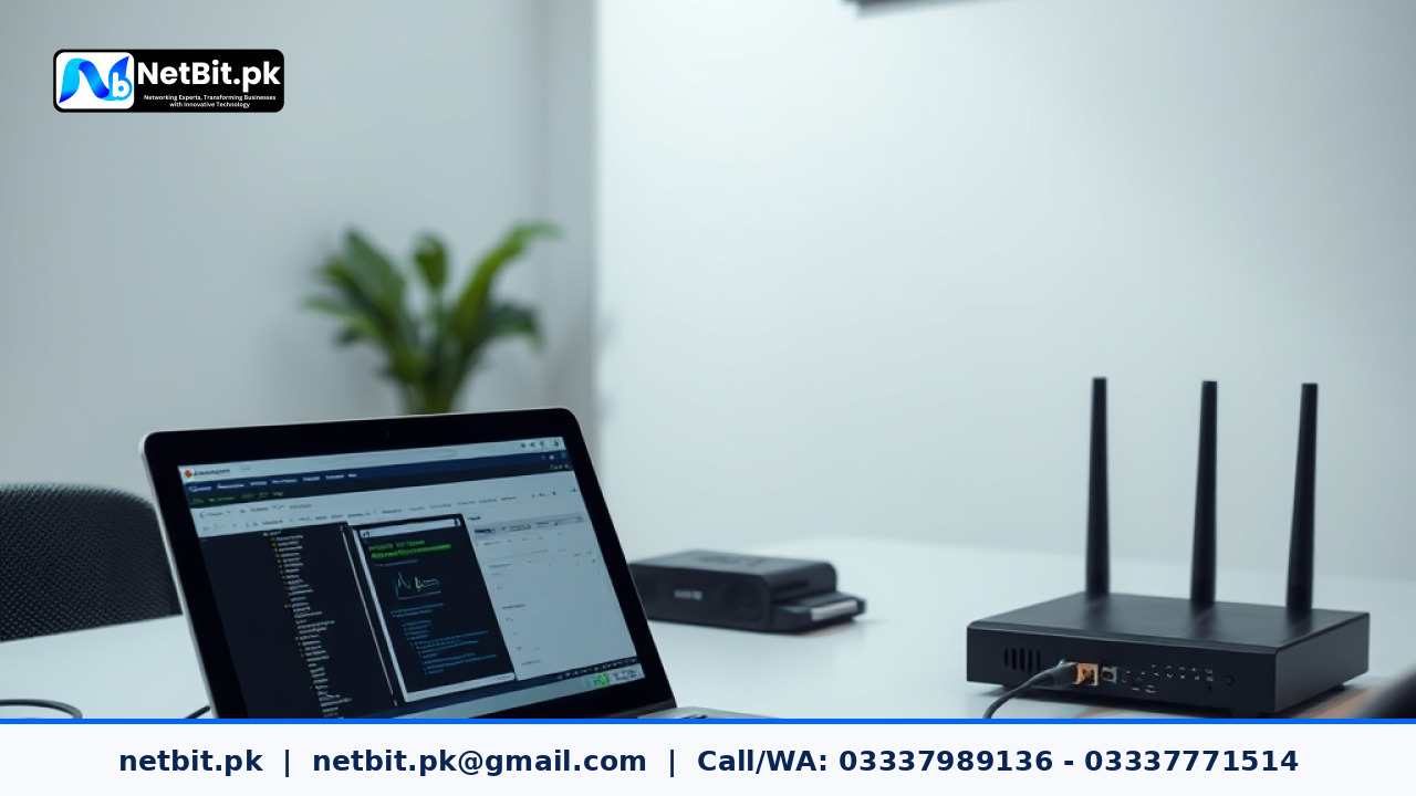 A modern office desk featuring networking equipment, a laptop displaying network performance diagnostics, and clean cable management.