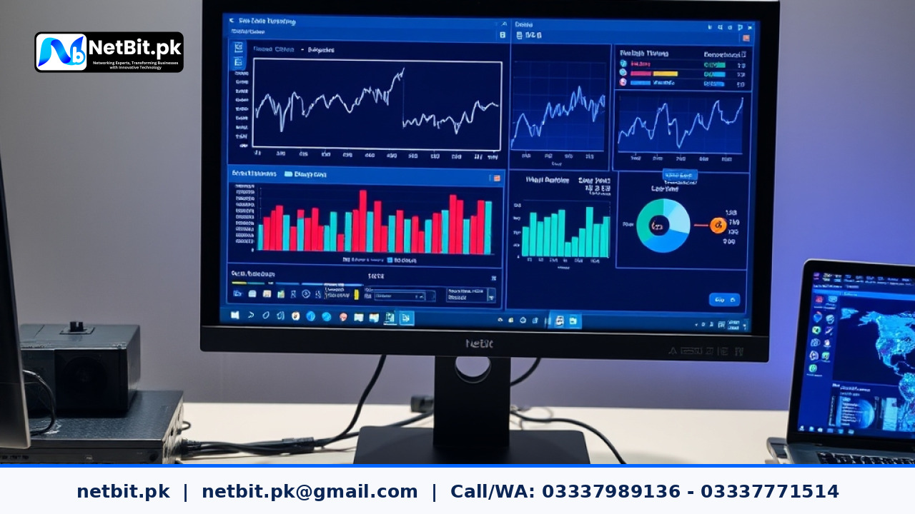 Office computer workstation displaying network speed test diagnostics on a modern monitor