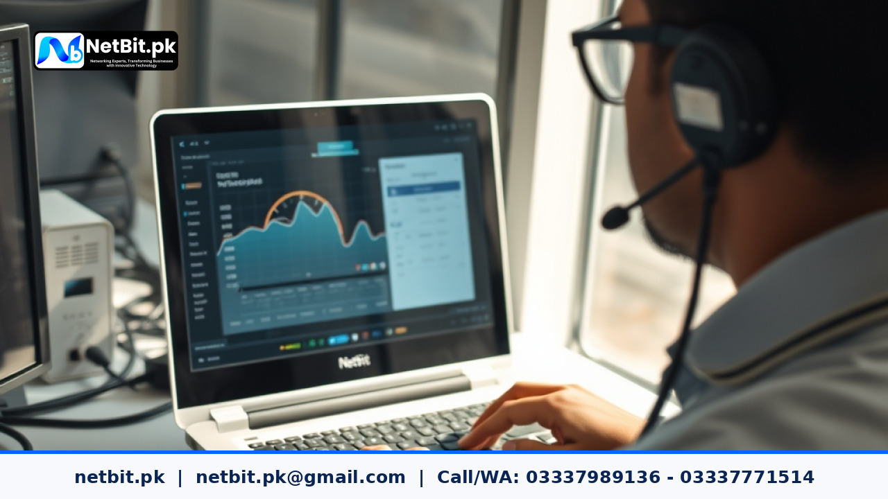 Network technician analyzing broadband speed test results on a laptop | NetBit Software House and Technology | netbit.pk