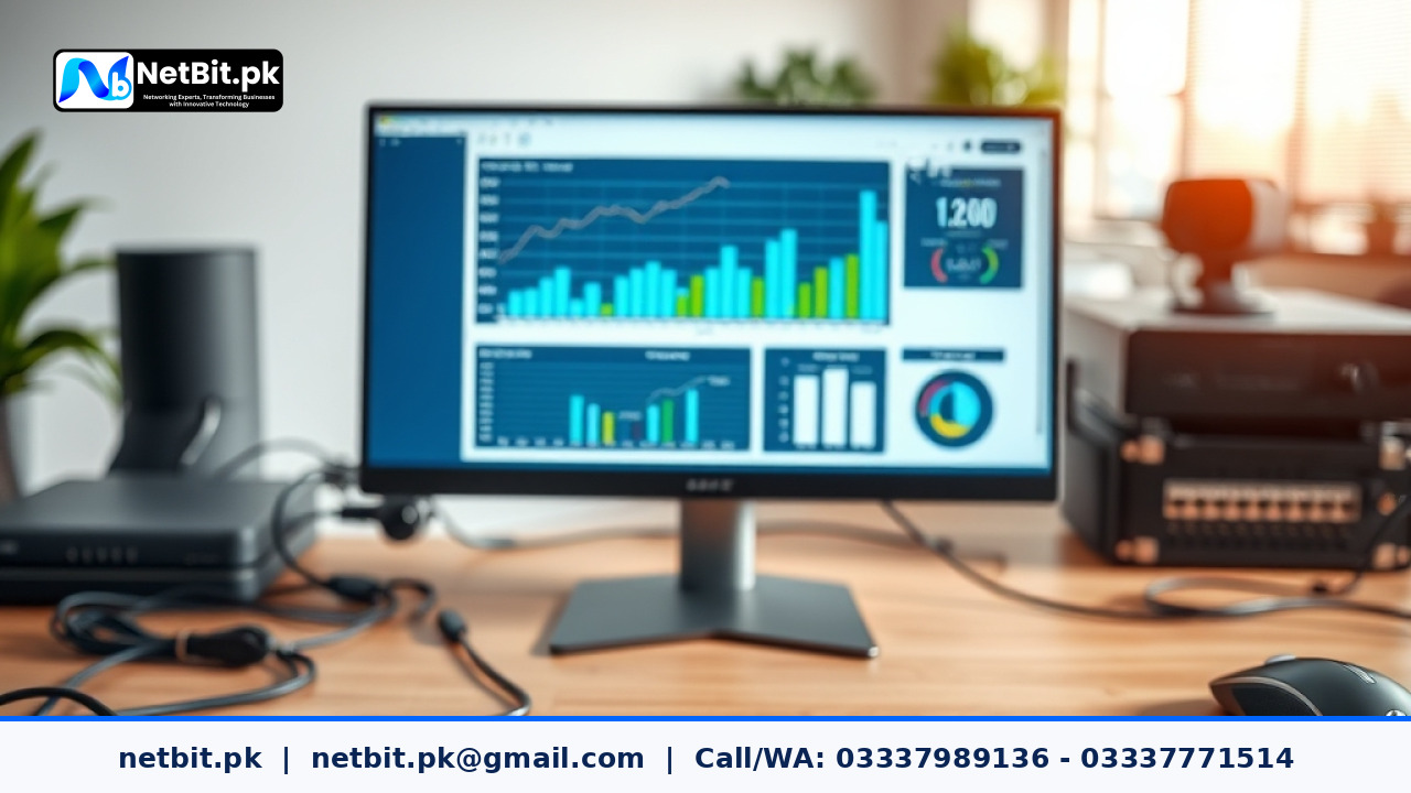 Office professional analyzing network speed test results on a laptop screen connected via cat6 cable