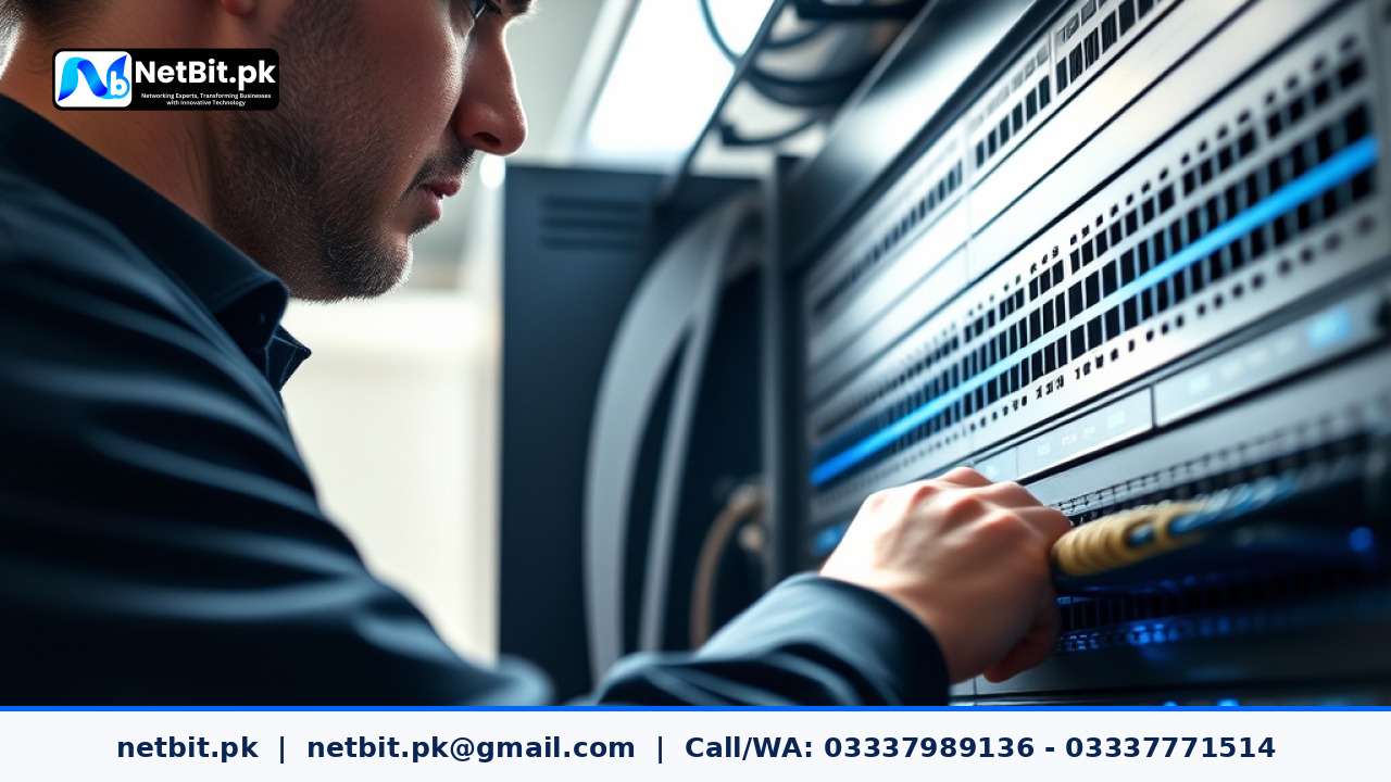A technician testing network cables and router performance in an office setting | NetBit Software House and Technology | netbit.pk