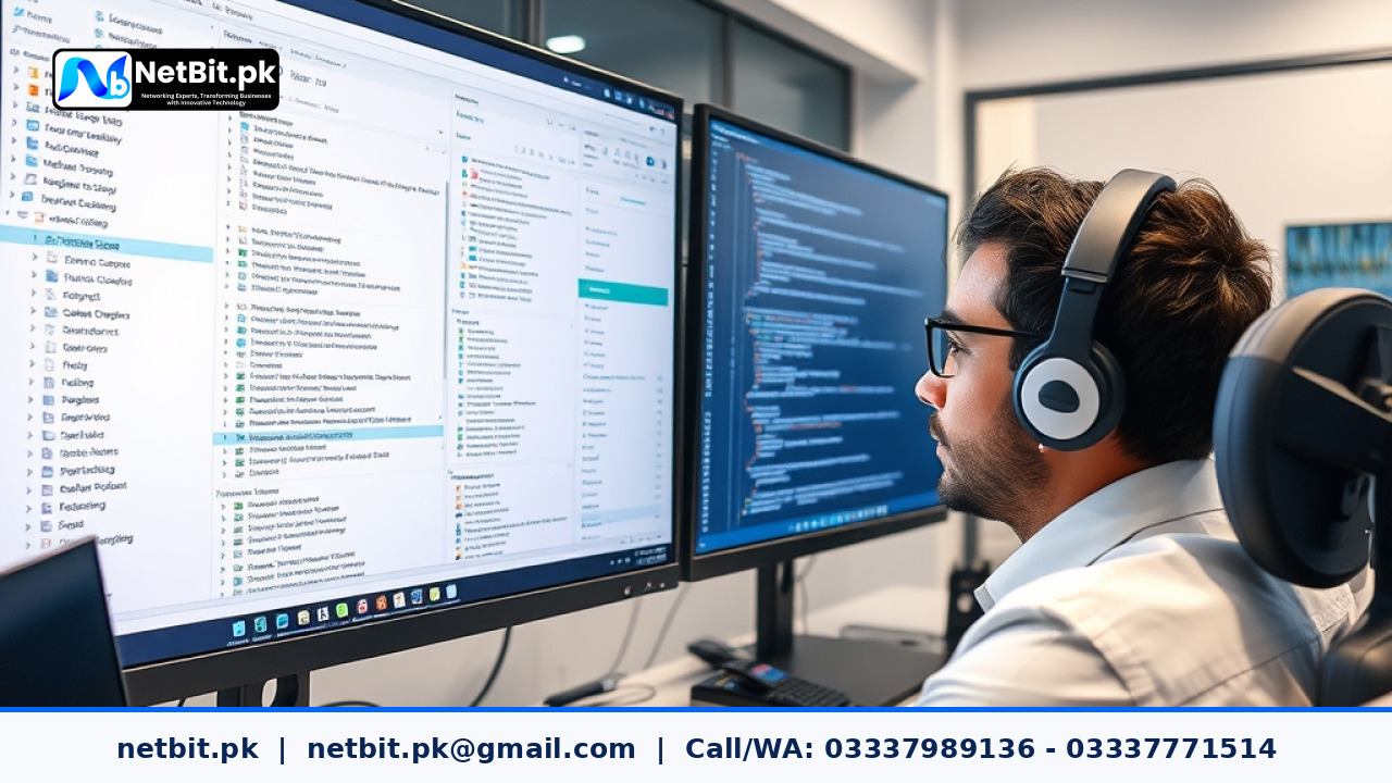 Developer organizing build files and software deployment artifacts on a modern multi-monitor workstation