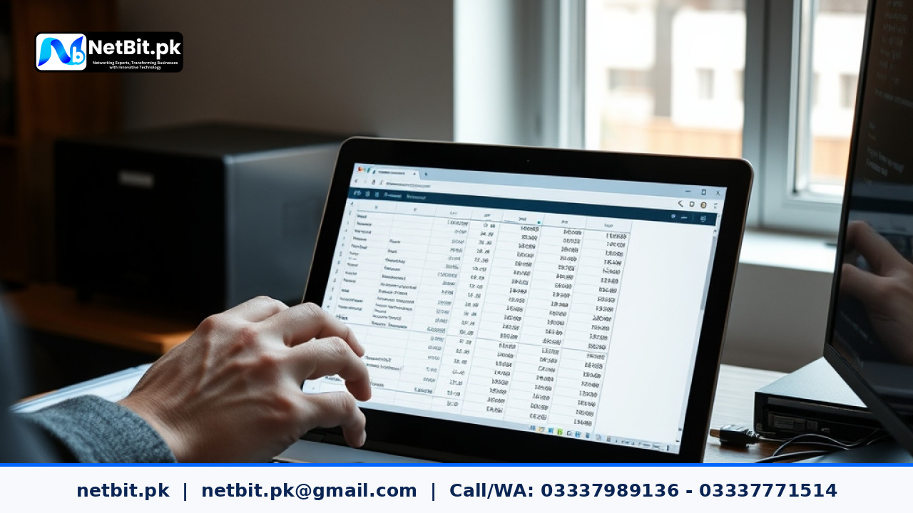 Office professional reviewing digital financial documents on a modern workstation | NetBit Software House and Technology | netbit.pk