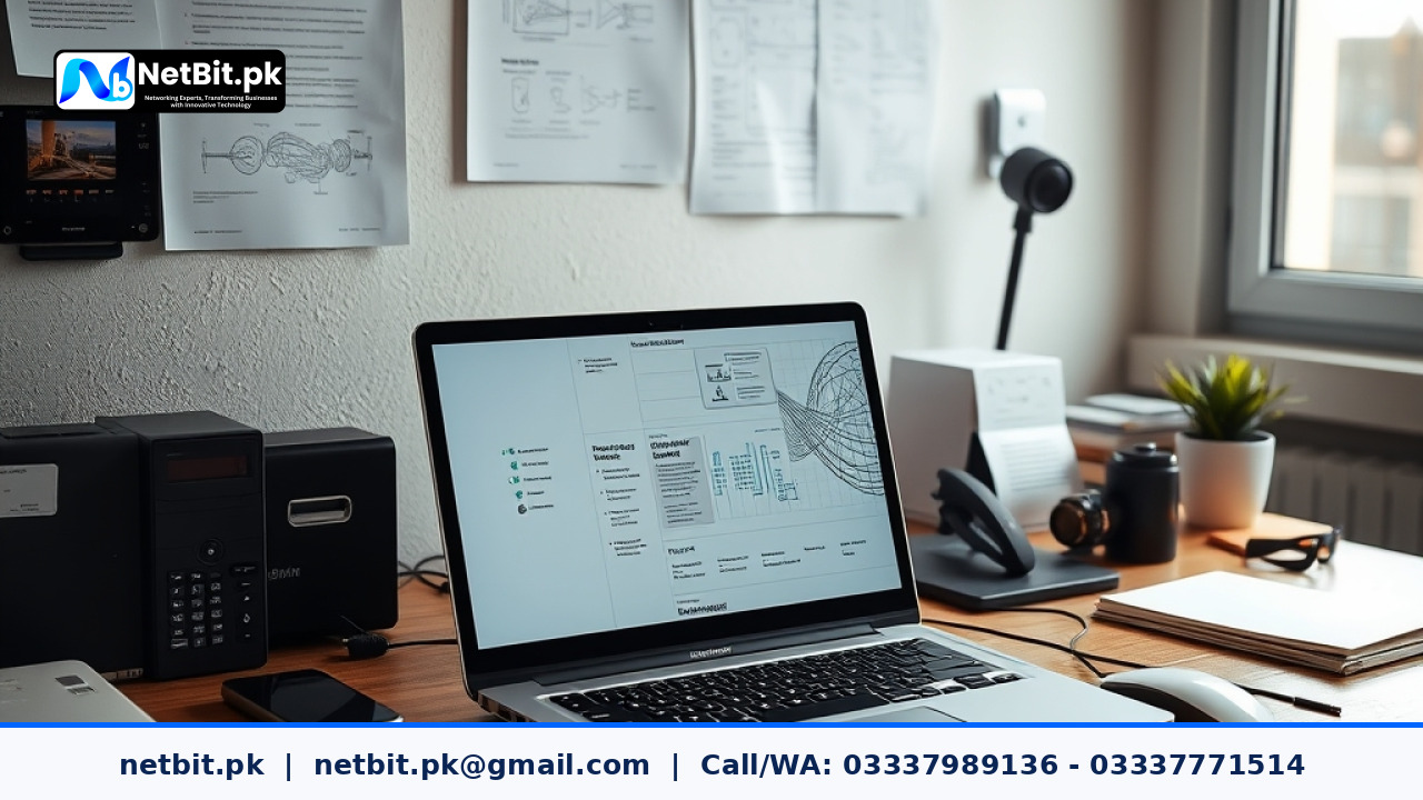 Clean workspace showing technical documentation and organized files on a modern desk | NetBit Software House and Technology | netbit.pk