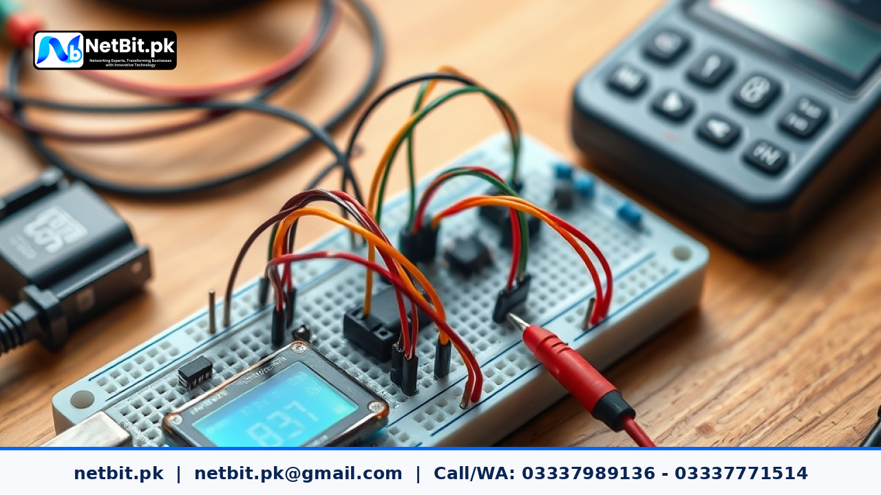 A close-up view of a breadboard with colorful jumper wires and electronic components during assembly.