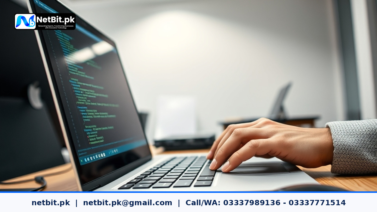 Developer typing commands on a laptop terminal screen to automate a software deployment staging pipeline. | NetBit Software House and Technology | netbit.pk