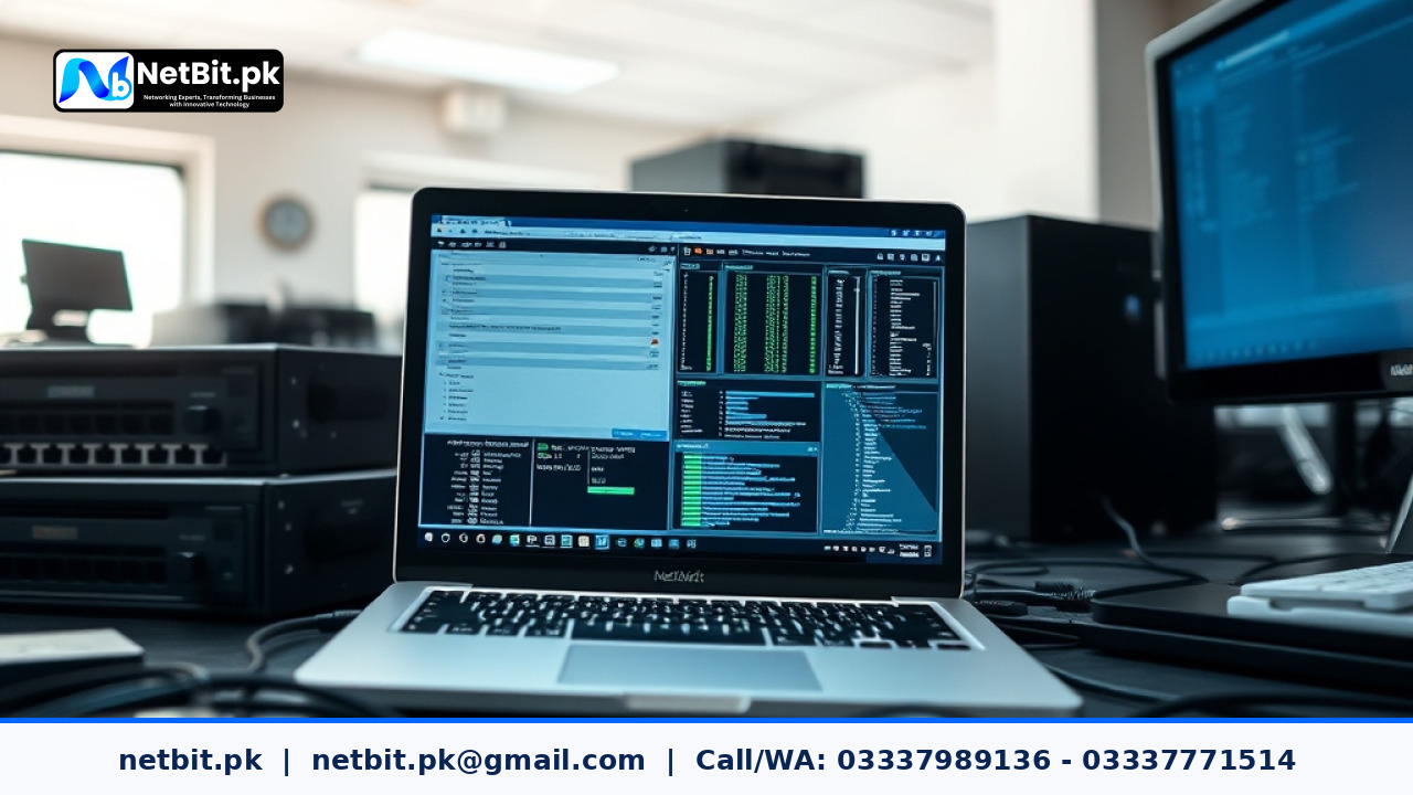 Technician reviewing server configuration files during software deployment in an office