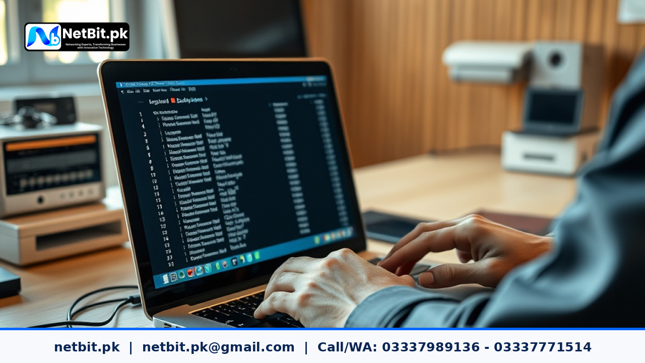 A technician performing maintenance on office workstation backups in a professional workspace | NetBit Software House and Technology | netbit.pk