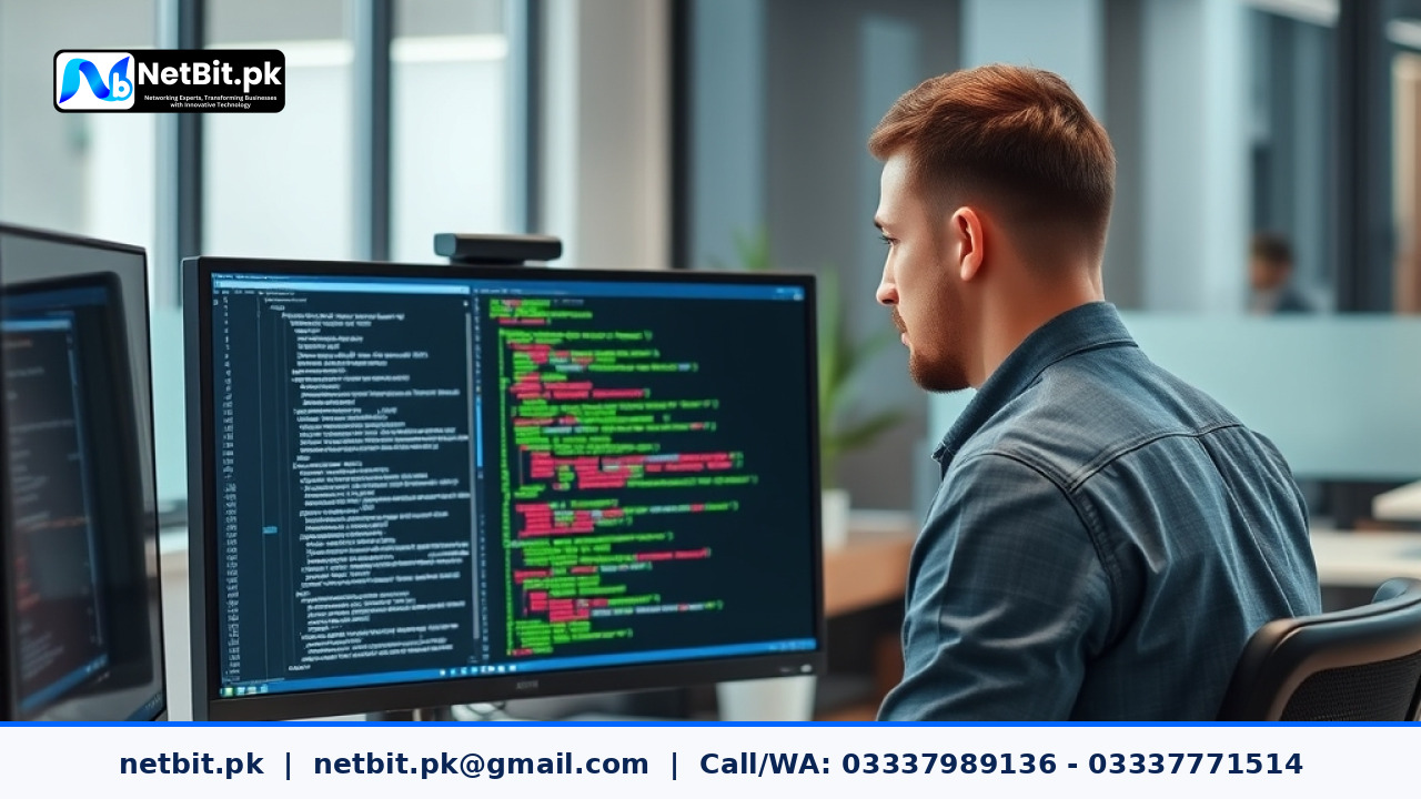 A professional developer reviewing database backup files and deployment logs on a modern multi-monitor workstation.