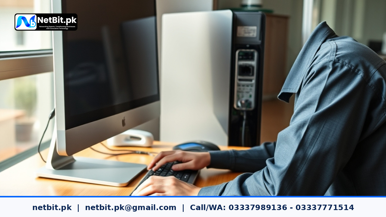 Close-up of a technician maintaining office computer systems and workstations | NetBit Software House and Technology | netbit.pk