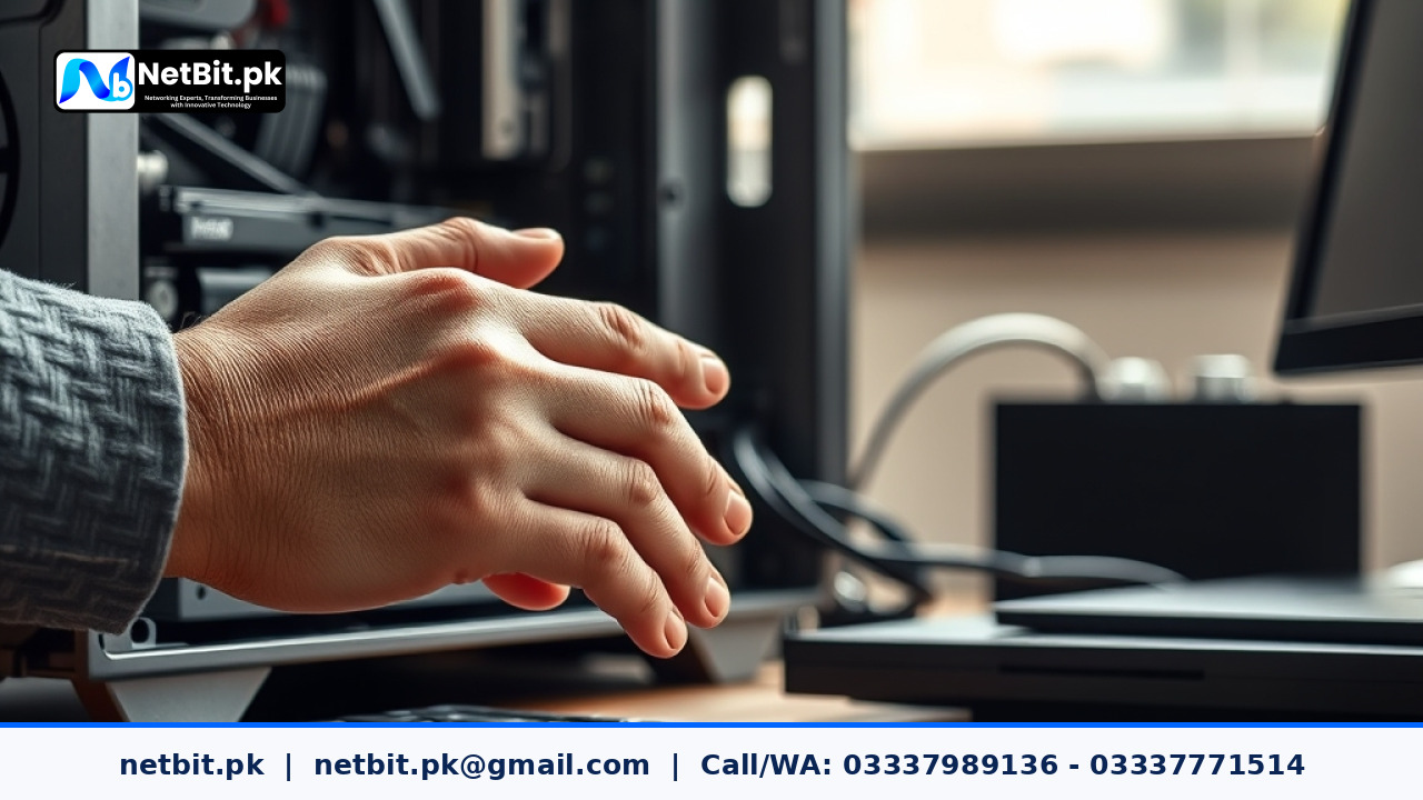 Close-up of a technician working on desktop computer hardware in a modern office