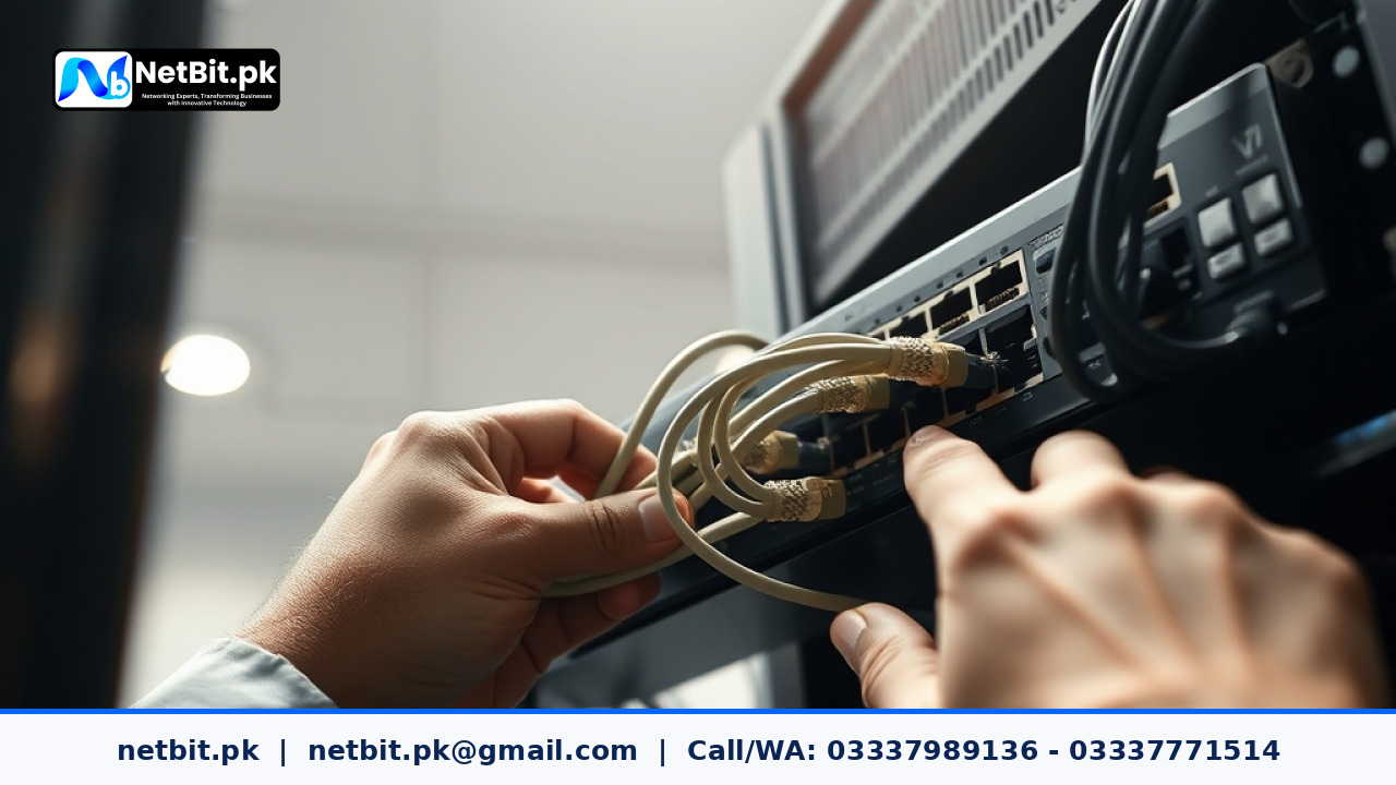Technician configuring office network switch and patch panel