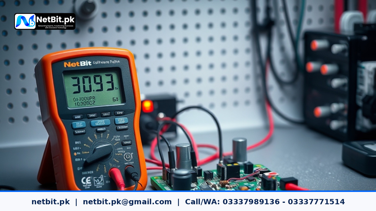 Close-up of a technician calibrating electronic sensor circuits on a workbench with a multimeter