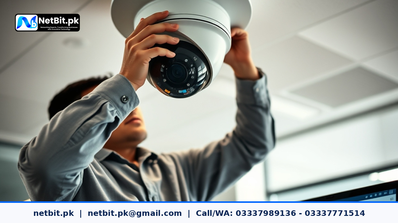 Close-up of a technician calibrating a commercial CCTV camera lens in an office environment | NetBit Software House and Technology | netbit.pk