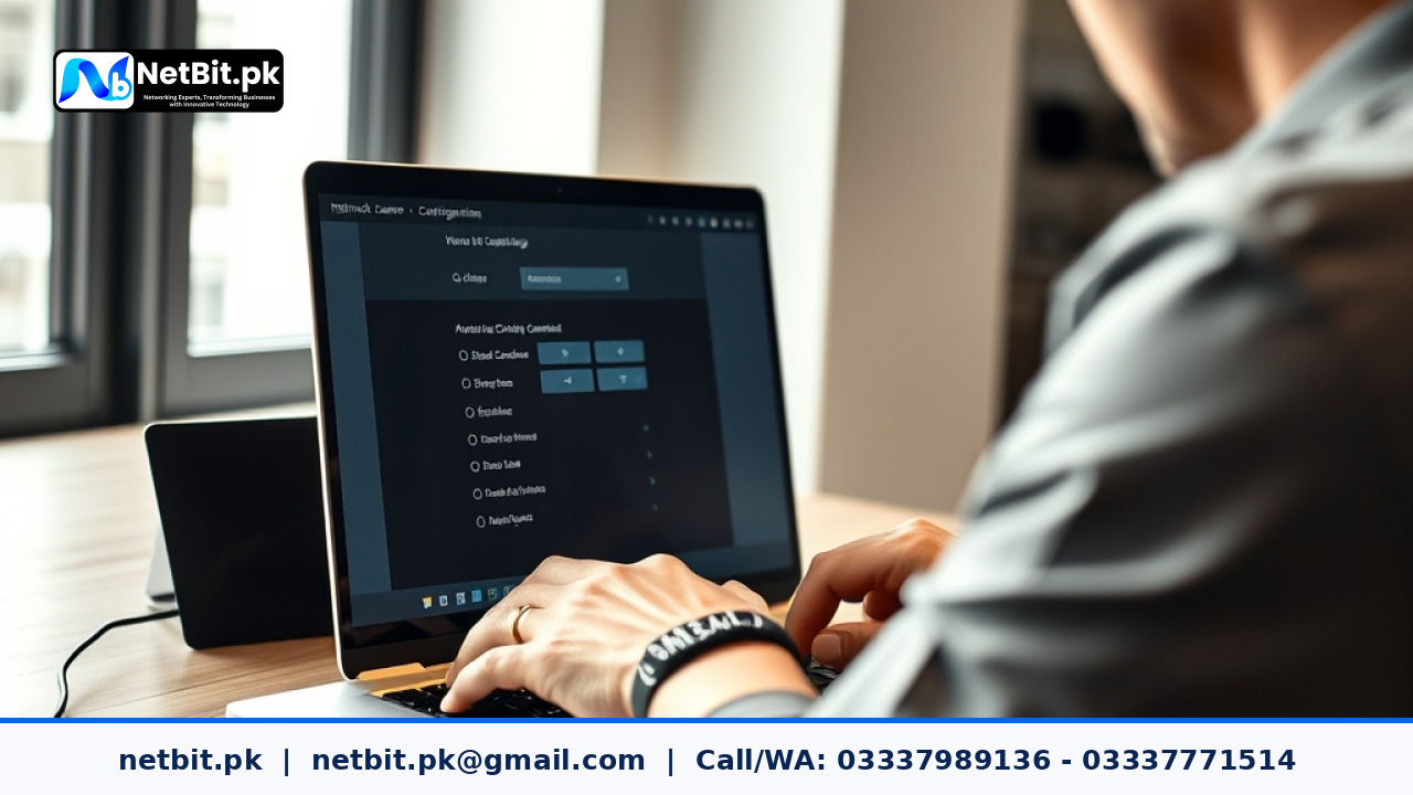 Close-up of a technician configuring surveillance camera settings on a workstation | NetBit Software House and Technology | netbit.pk