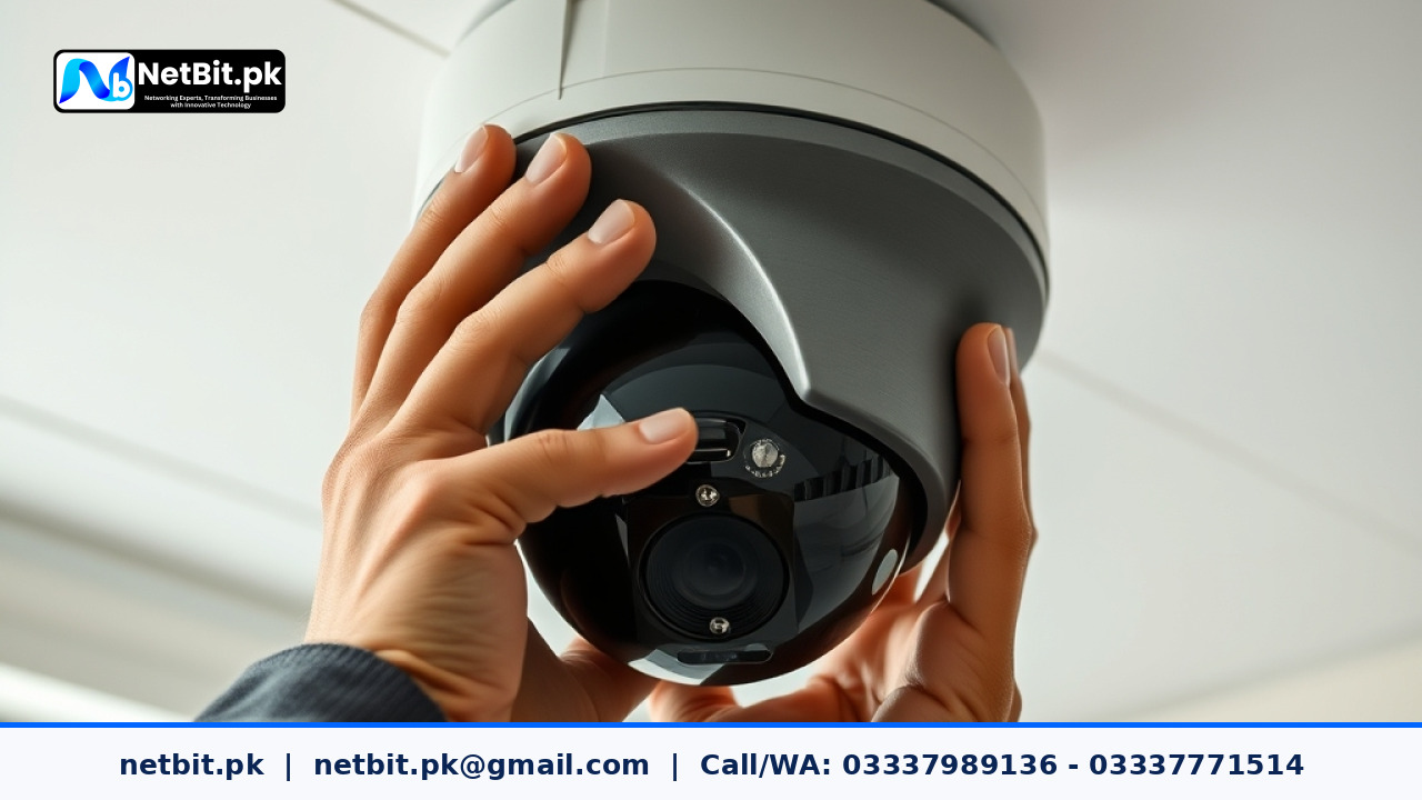 IT technician calibrating commercial security camera systems in an office environment | NetBit Software House and Technology | netbit.pk