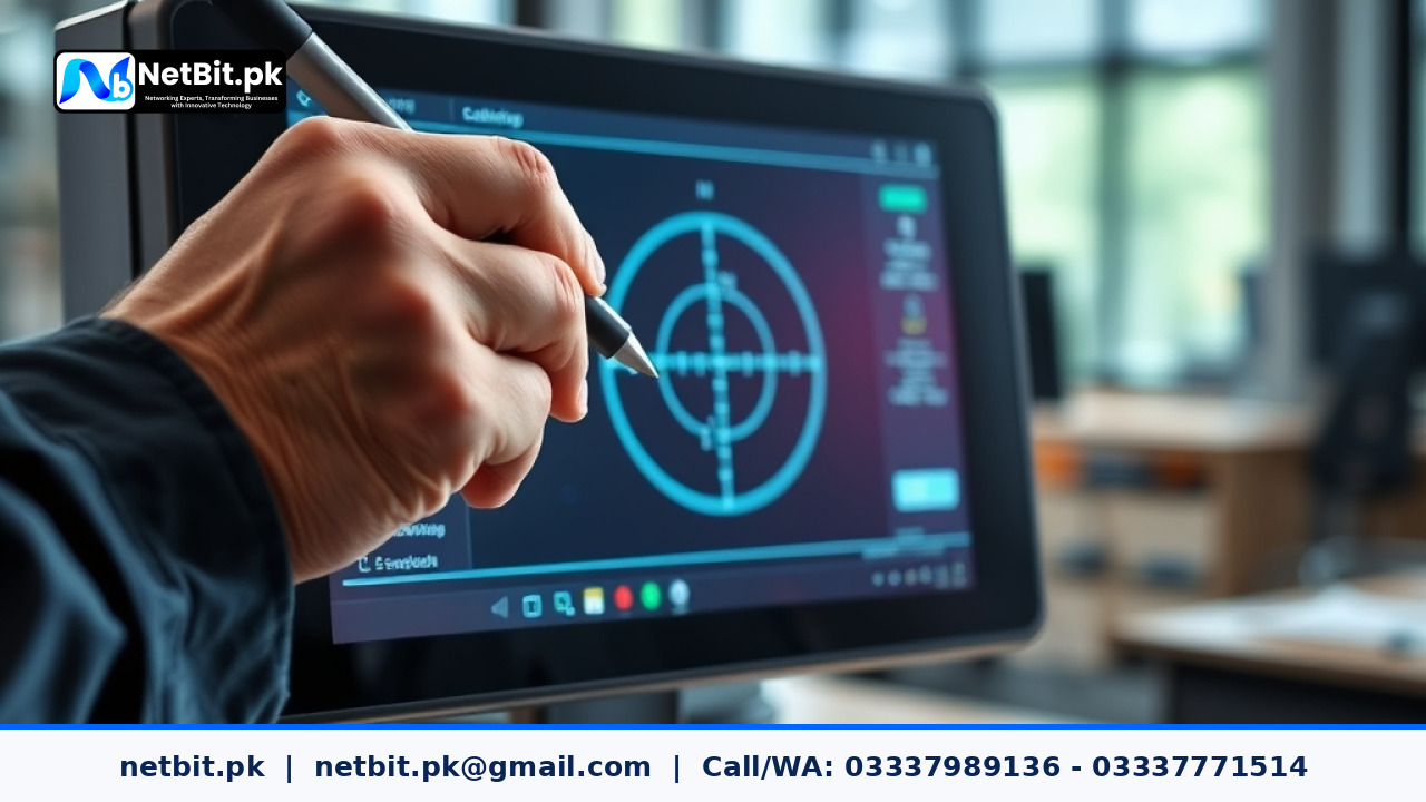 Close-up of a technician calibrating a specialized industrial touch screen display terminal in a clean workspace