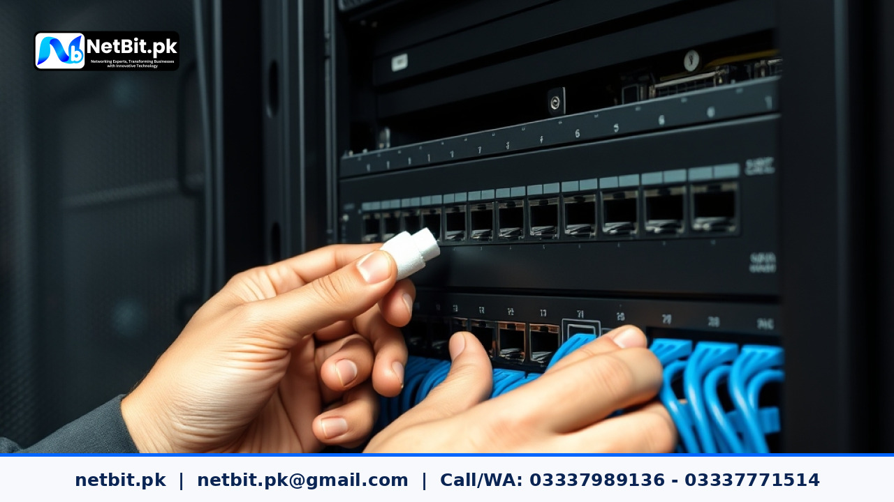 IT technician cleaning RJ45 ports on an office network switch rack with precision tools