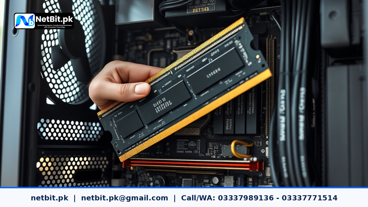 Close-up of a technician cleaning and reseating RAM modules on a motherboard inside an office computer system.