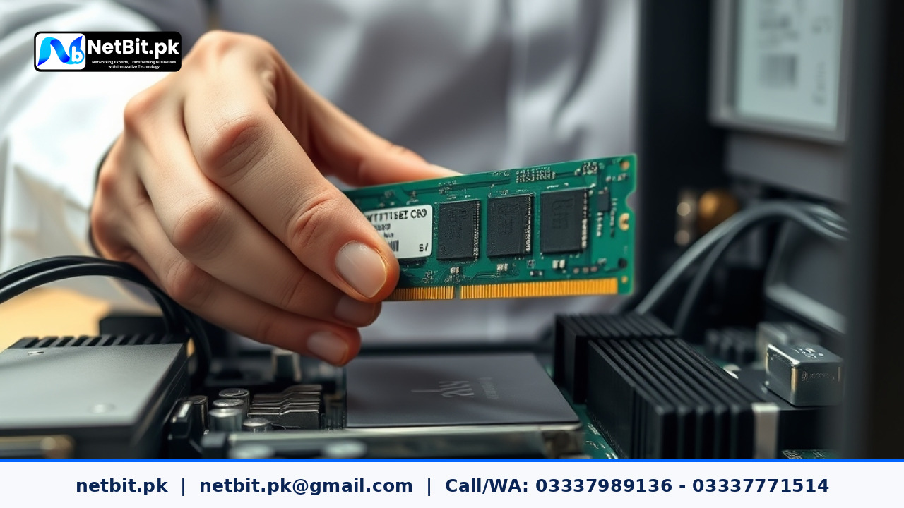 Close-up of a technician cleaning and installing RAM modules on a motherboard inside an office computer system