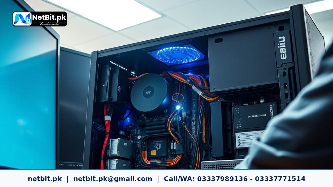 Technician maintaining office computer systems and hardware components | NetBit Software House and Technology | netbit.pk