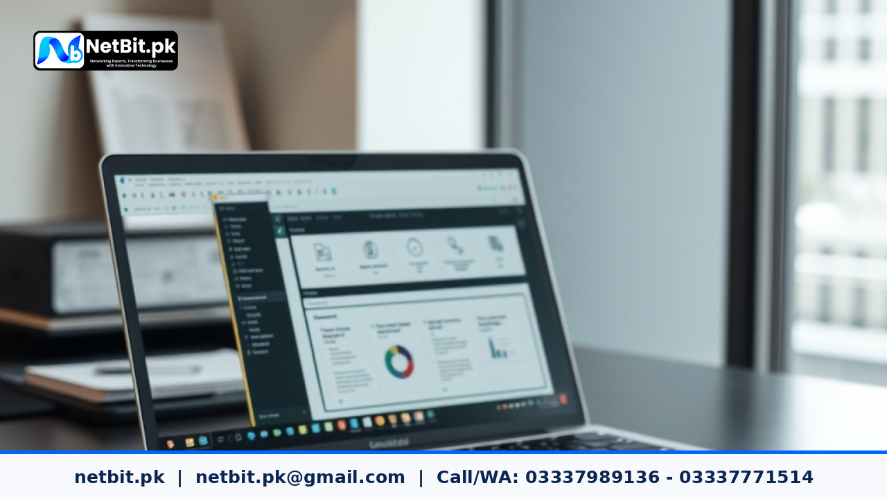 Professional workspace showing office automation software and digital document approval workflows on a computer screen