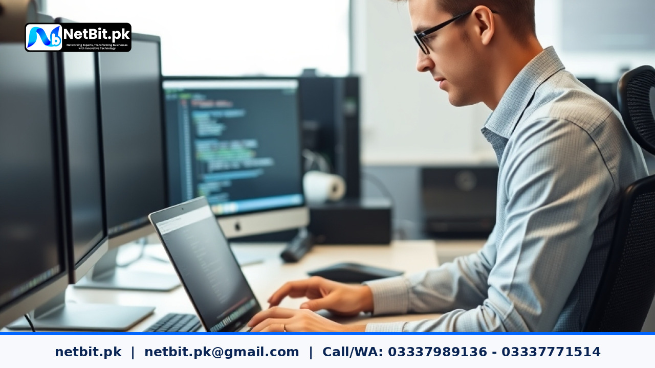A developer working on software deployment configurations on a modern laptop in a professional office