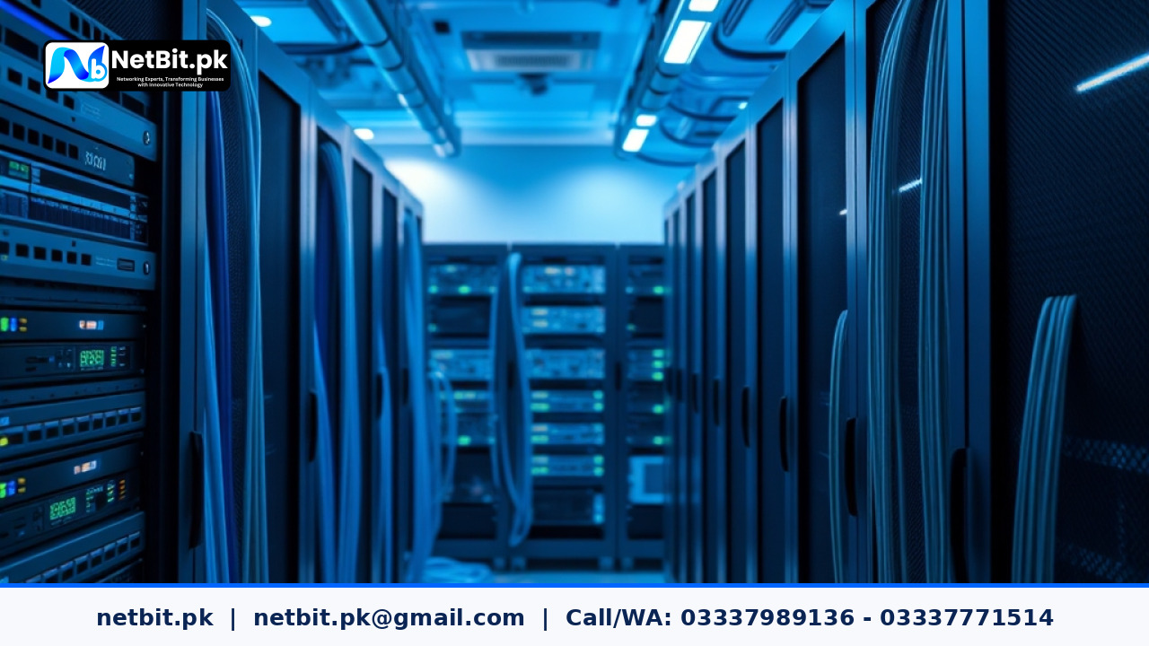 Server room rack with blinking status lights representing server solutions and network management