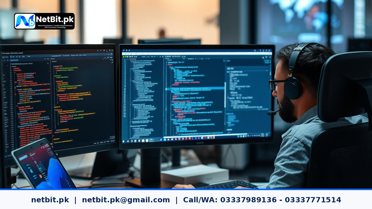 A developer working on web application code and API configurations on a modern computer setup