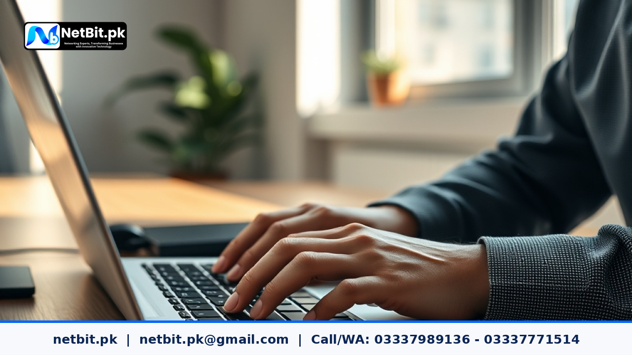 Developer hands typing on a laptop keyboard configuring secure web application code in a modern office