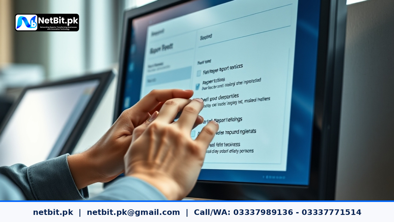 Office administrator configuring database export settings on a desktop workstation in a modern Pakistani office