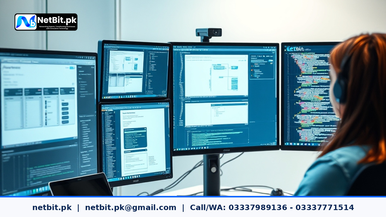 Developer working on database optimization and software development code on dual monitors