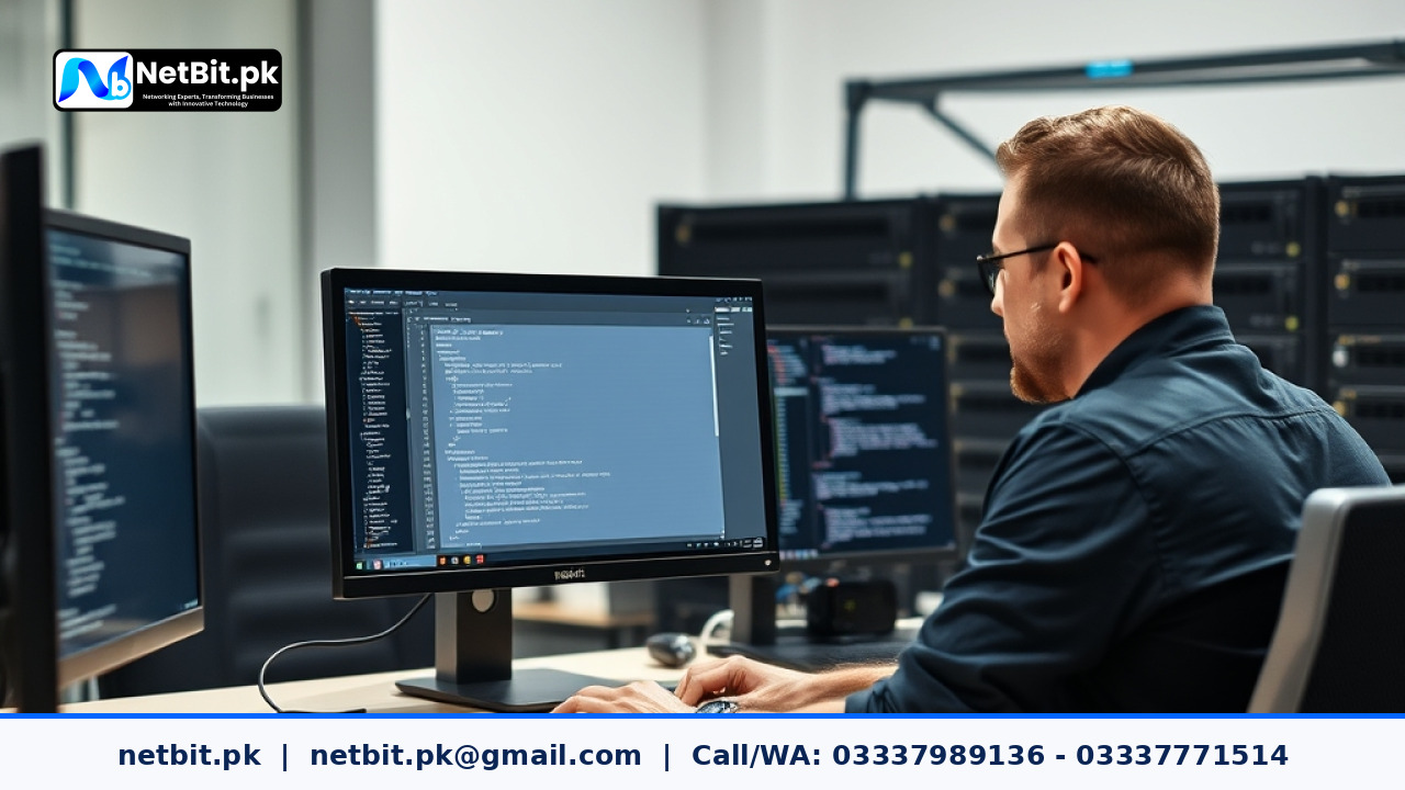 Developer working on software deployment and database configuration on a modern office laptop