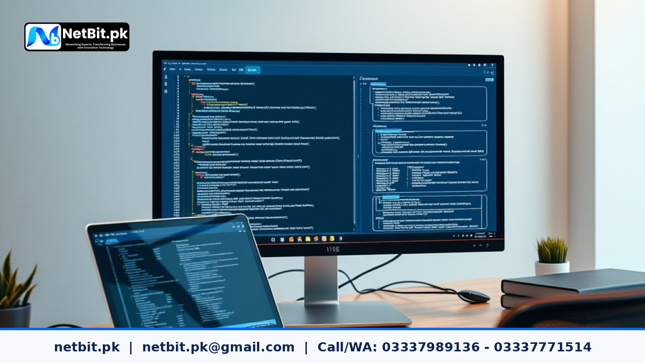 Developer working on database transaction code on a modern computer setup