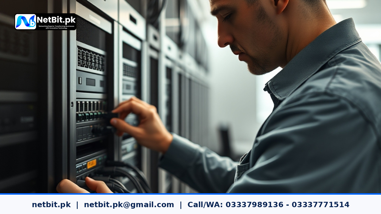 Technical engineer configuring a production server rack in a modern office | NetBit Software House and Technology | netbit.pk