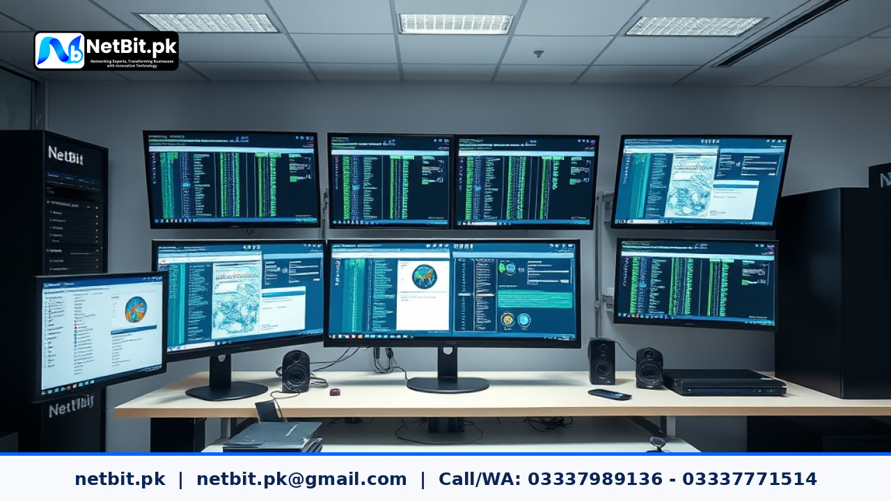 Network administrator configuring router DHCP lease settings on a dual monitor workstation in a modern office